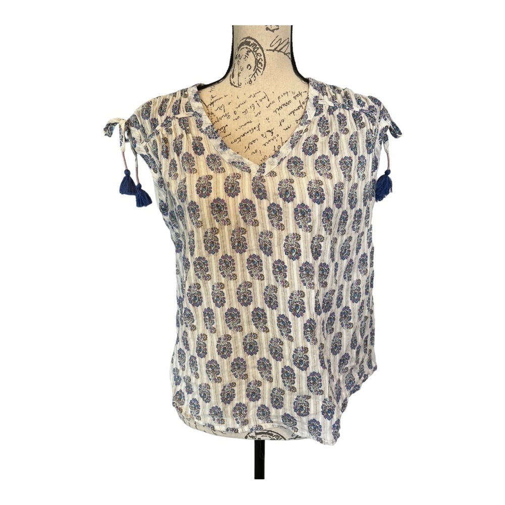 Anthropologie Shirred Cap-Sleeved Blouse Top/ Oversized Blue M